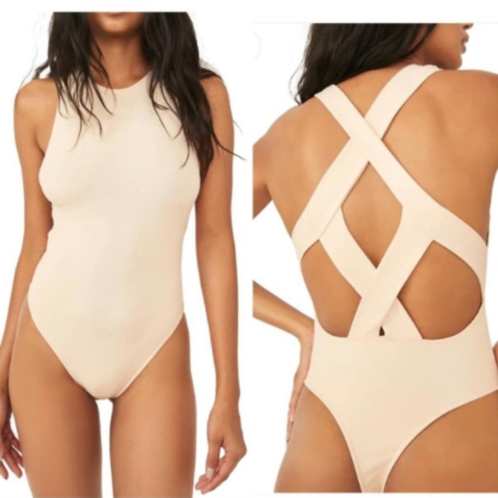 Free people Jessa sleeveless cross back bodysuit in Tan